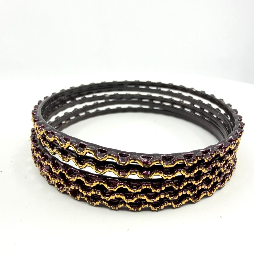 Dark Purple Gold Tone Wavy Edge Stackable Bangle Set - Boho Gothic Jewelry